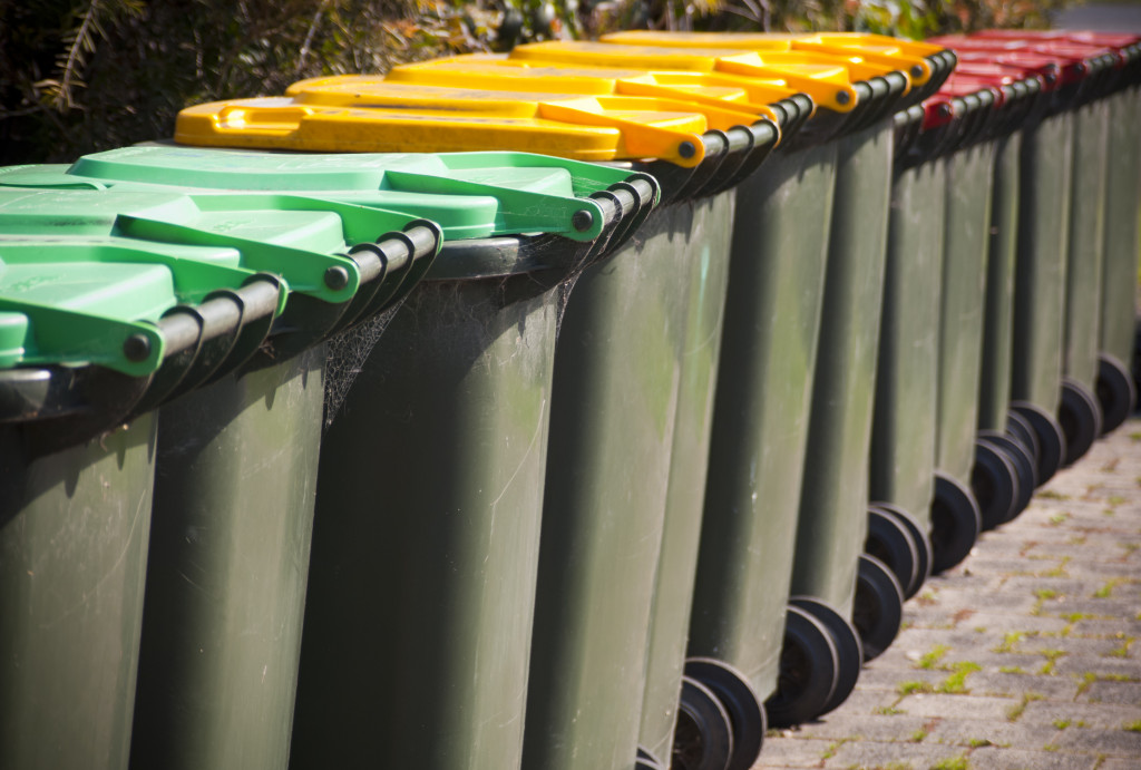 trash bins lined up outside