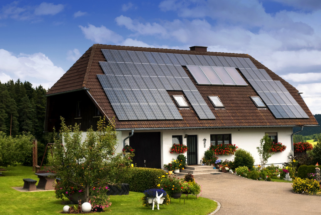 a house that has solar panels and beautiful curb appeal