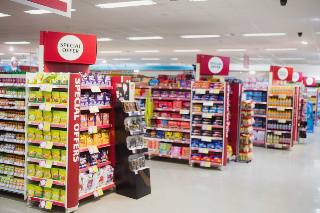 supermarket shelves in different product categories