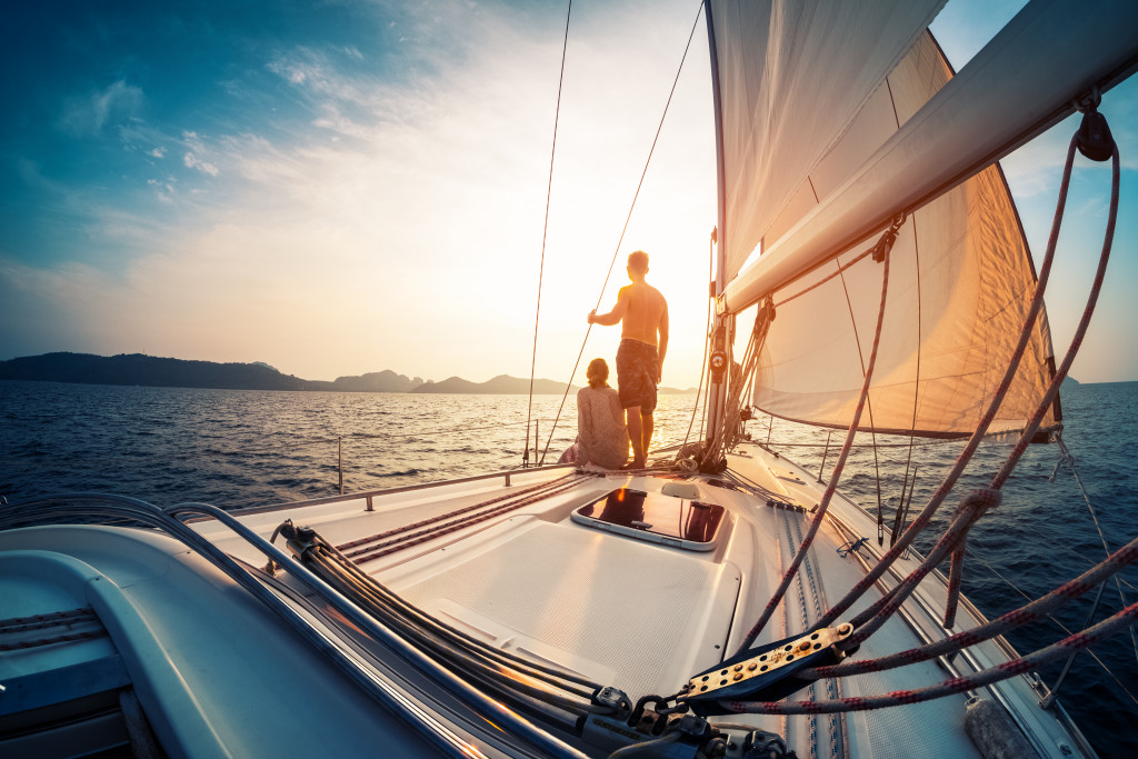 A couple on a boat at sea