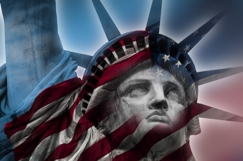 The Statue of Liberty overlaid with the American flag