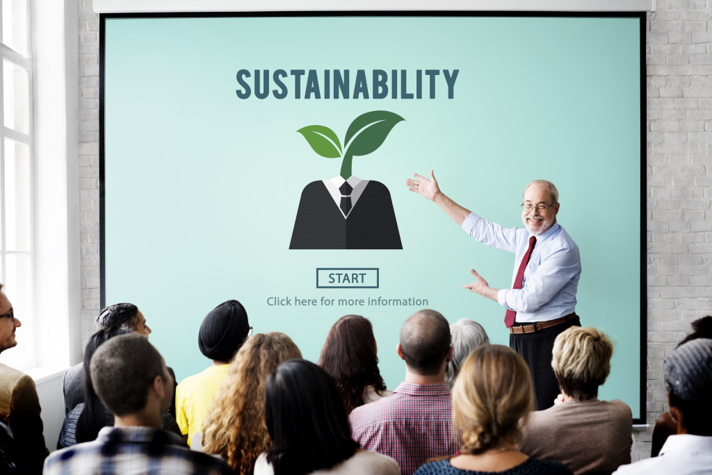 an employee presenting about sustainability